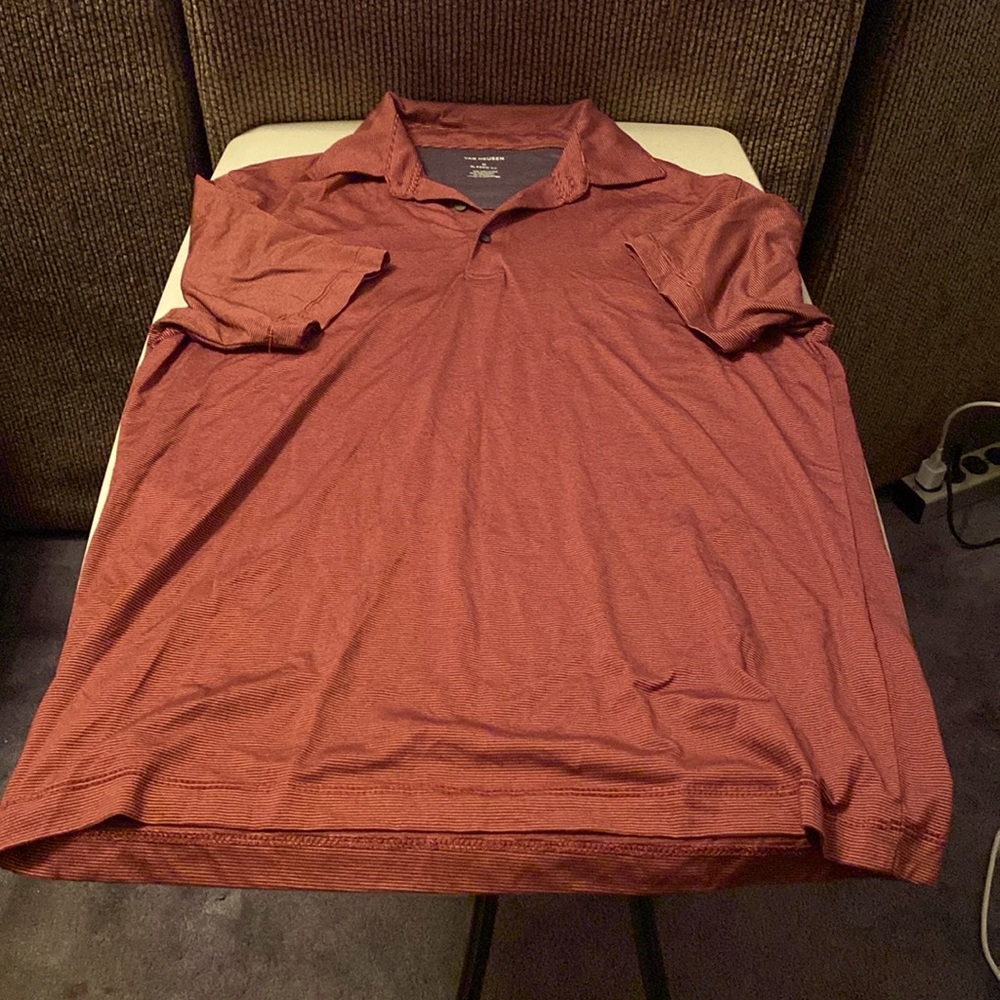 Van Heusen golf polo shirt. Size: S. Color: reddish/orange w/ stripes